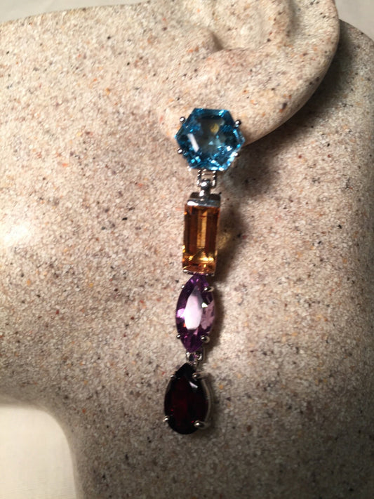 Vintage Genuine Citrine Blue Topaz Garnet and Amethyst Gemstone 925 Sterling Silver Deco Dangle Earrings