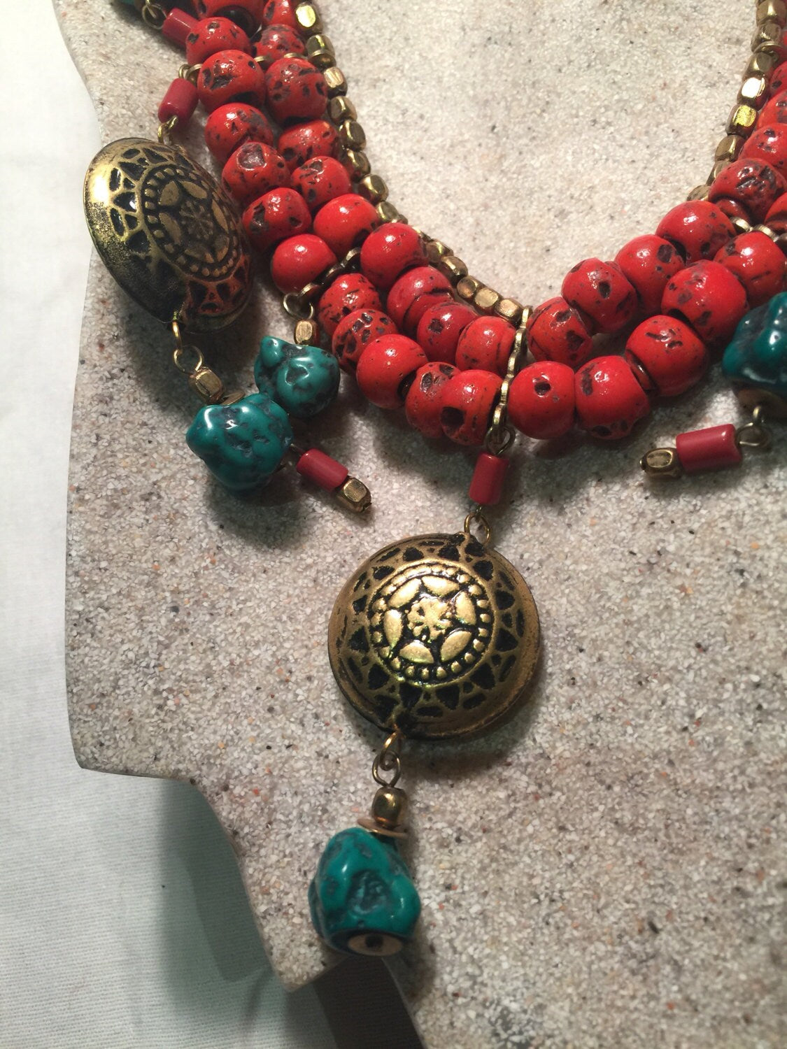 Vintage Hand Wrapped Red color enhanced Tibetan Necklace.