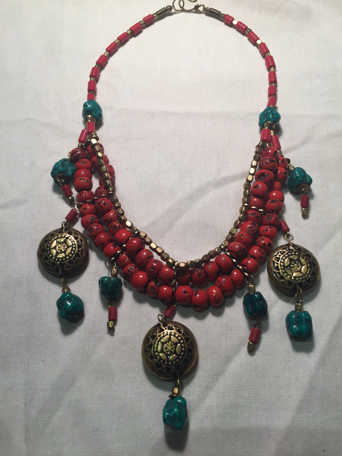 Vintage Hand Wrapped Red color enhanced Tibetan Necklace.