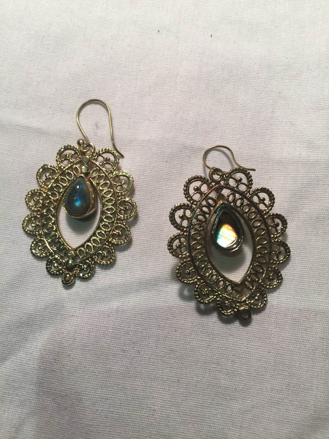 Vintage Labradorite Golden Bronze Lace Dangle Earrings