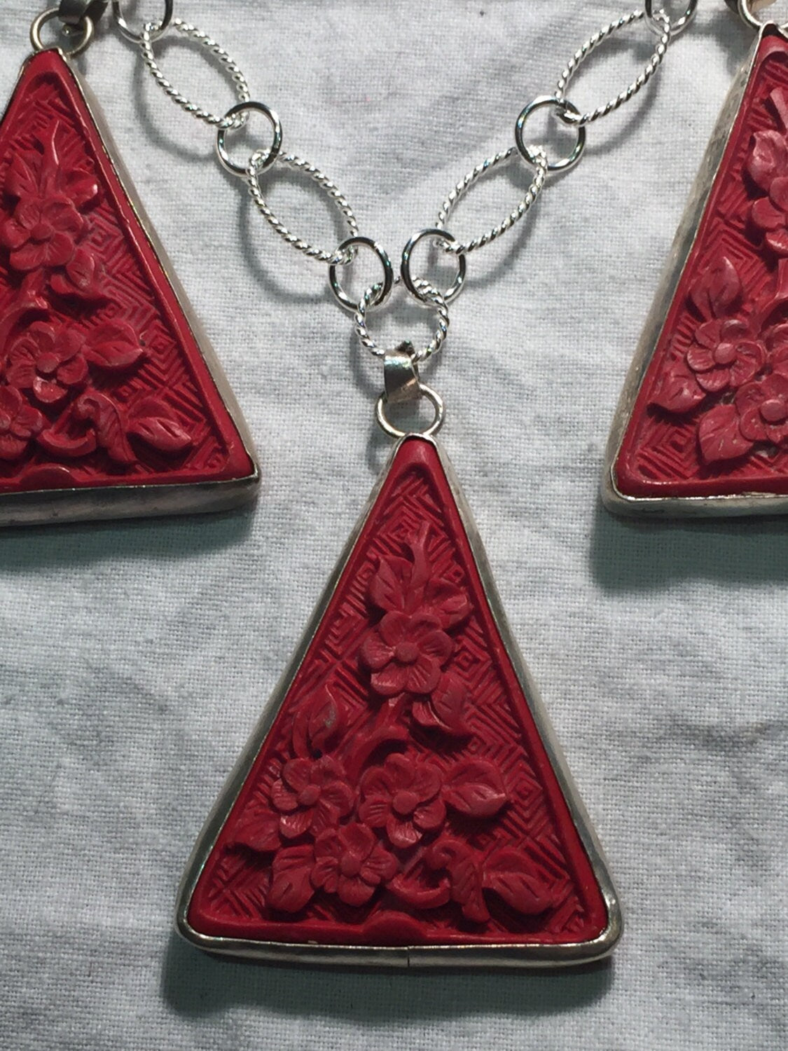 Vintage Handmade Carved Cinnabar Lacquer Silver Pendant