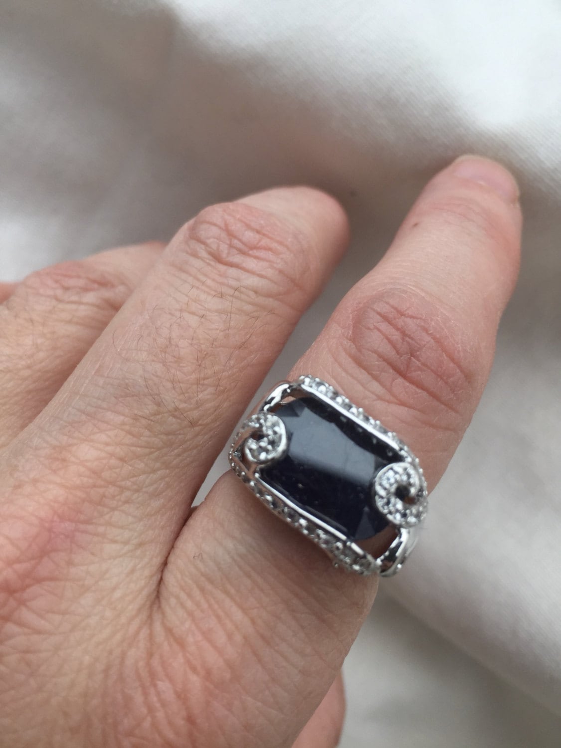 Vintage Handmade Deep Blue Sapphire and White 925 Sterling Silver Gothic Ring