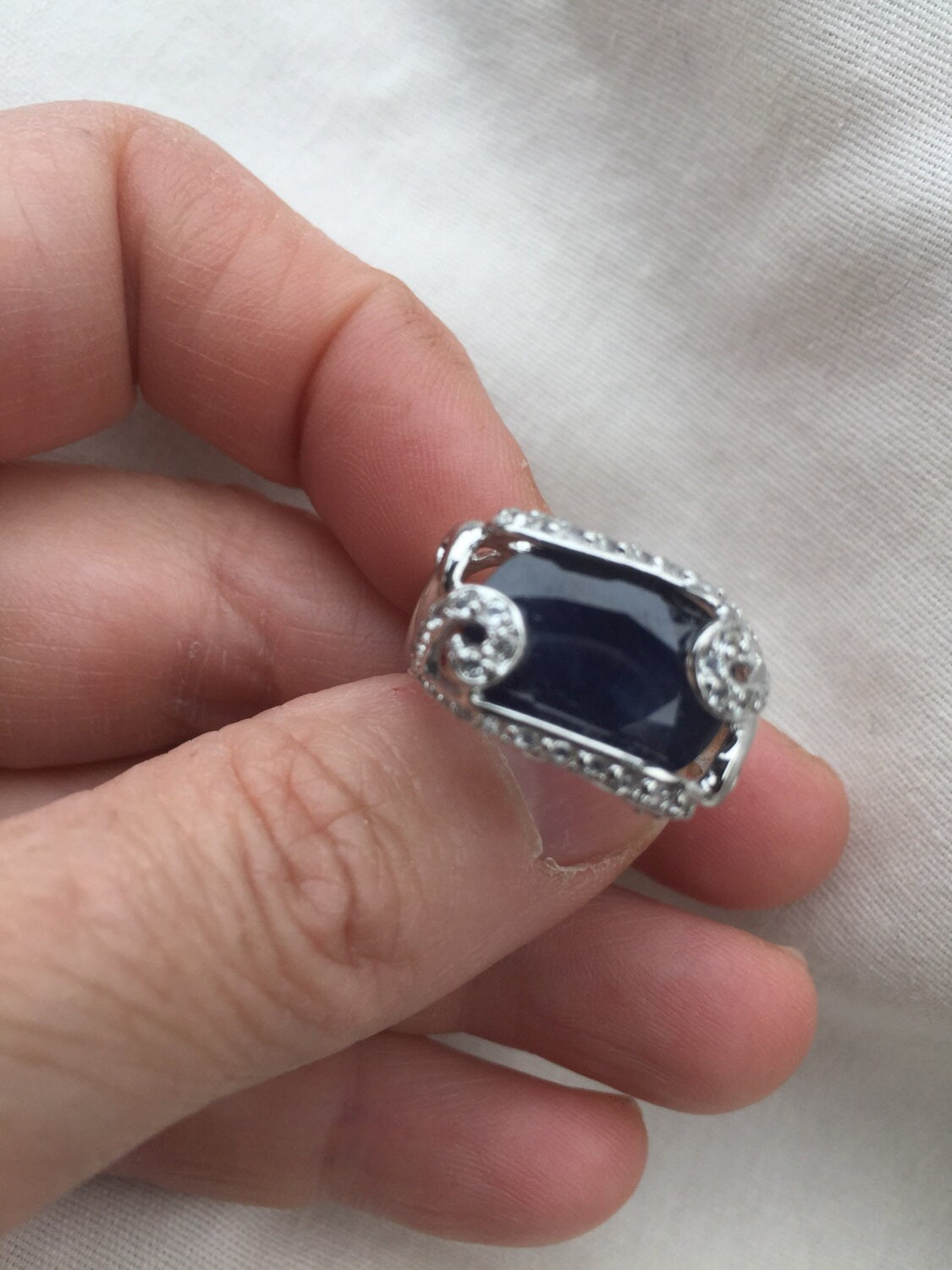 Vintage Handmade Deep Blue Sapphire and White 925 Sterling Silver Gothic Ring