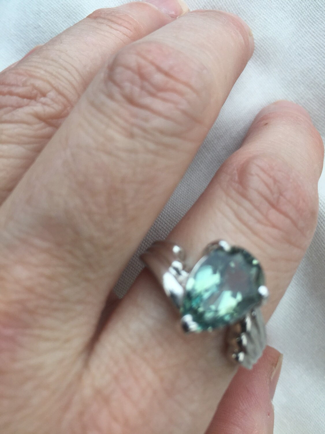 Vintage Handmade Pale Genuine Green Amethyst 925 Sterling Silver Gothic Ring