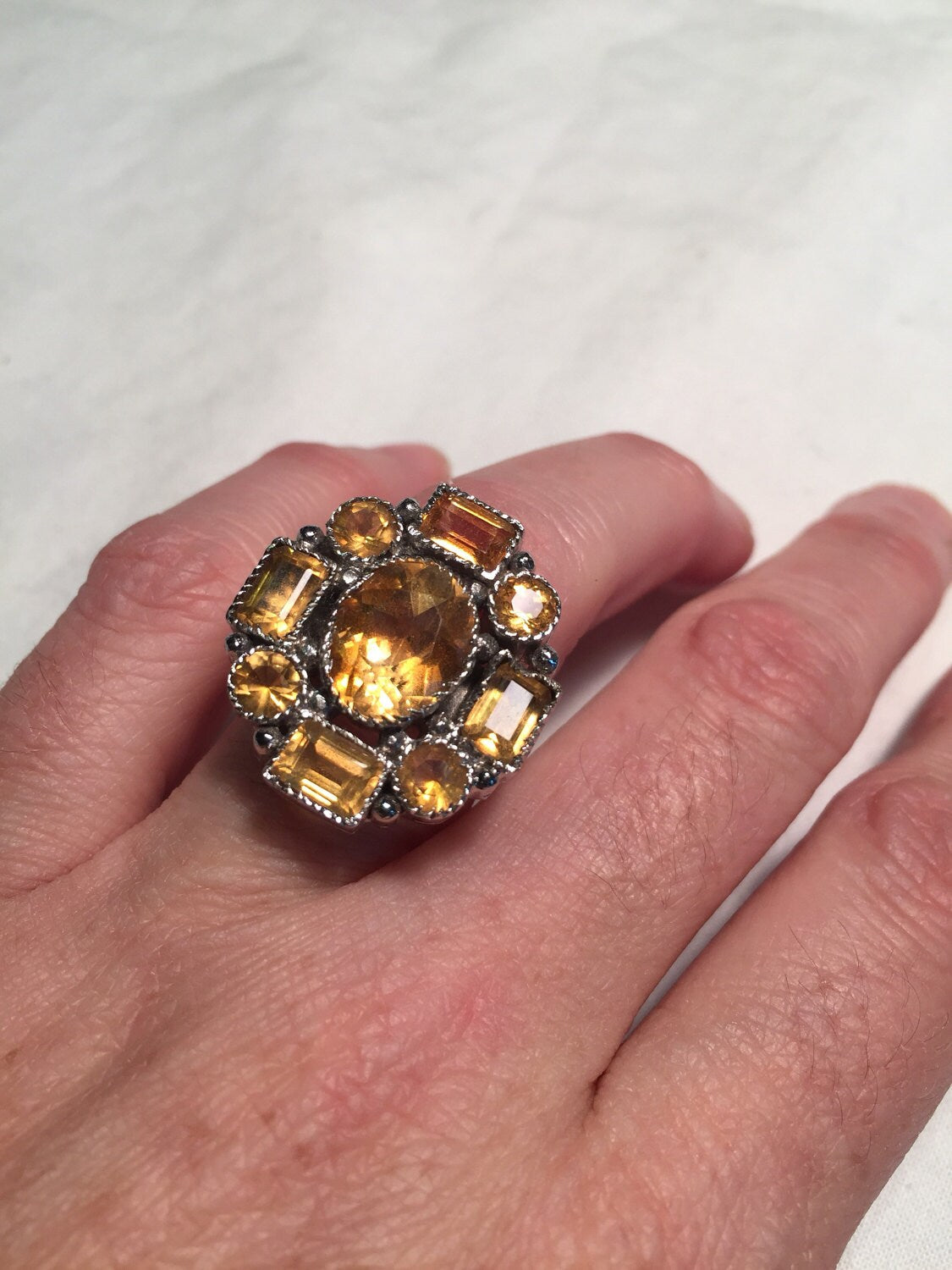 Vintage Handmade Golden Genuine Citrine 925 Sterling Silver Gothic Ring