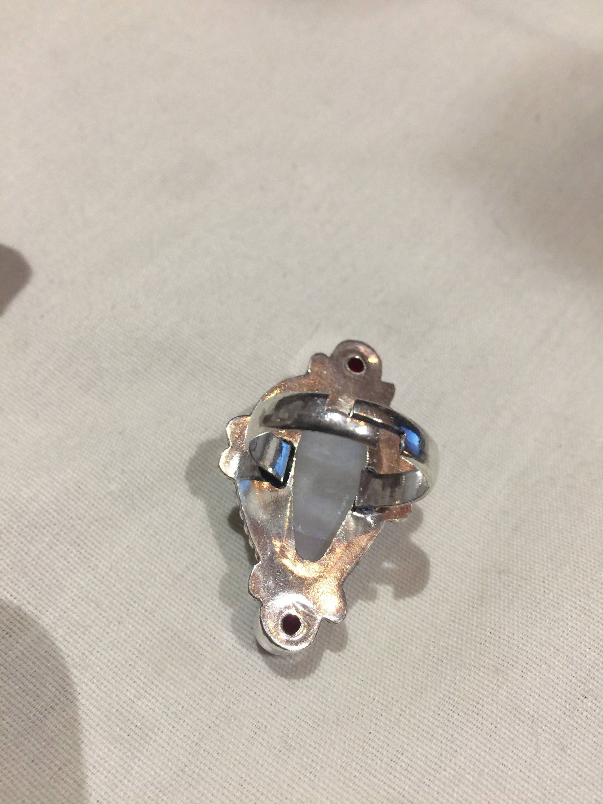 Vintage Genuine Rainbow Moonstone Red Volcanic Art Glass Ring