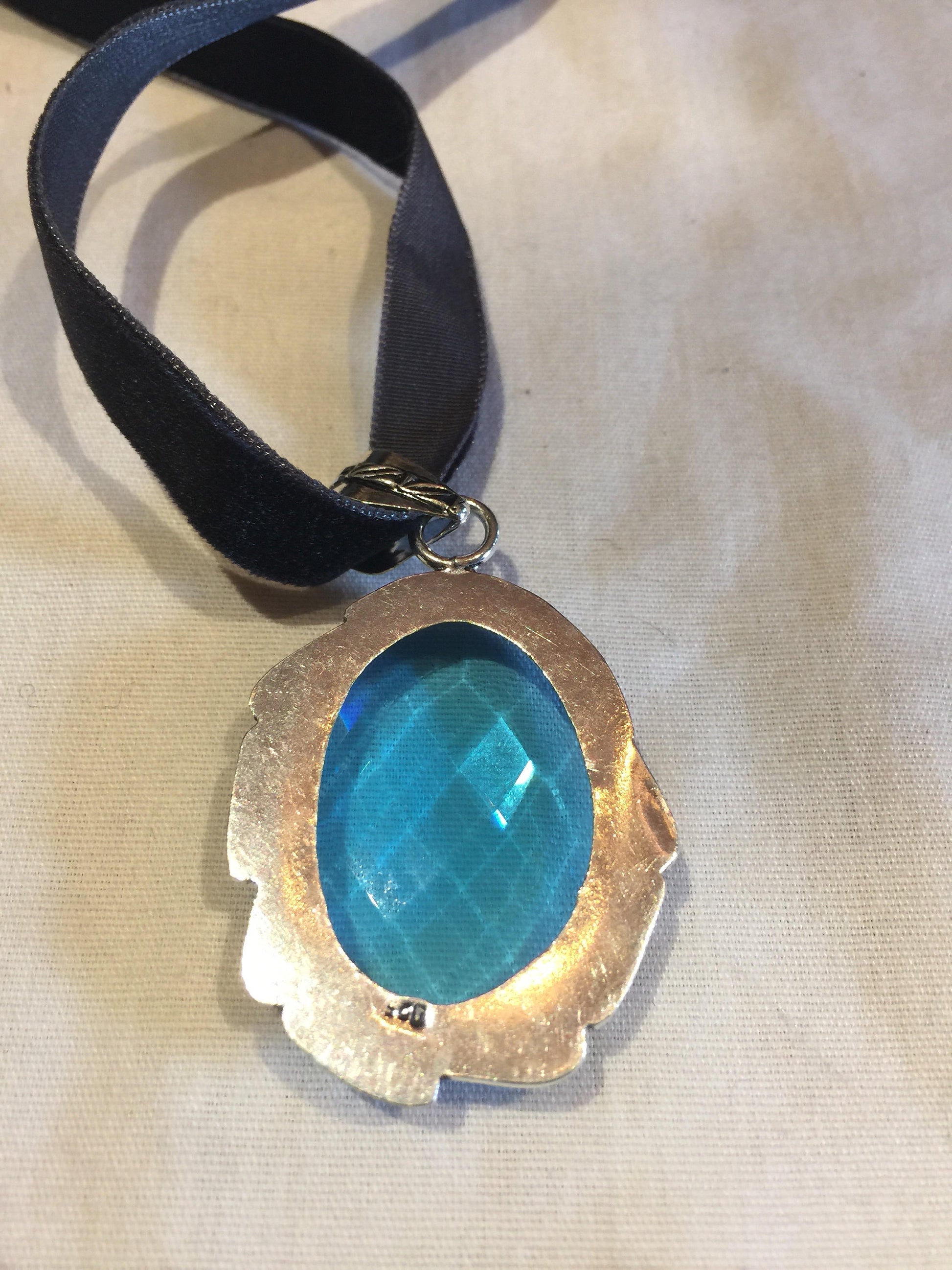 Boho Aqua Blue Silver Antique Volcanic Glass Choker Necklace