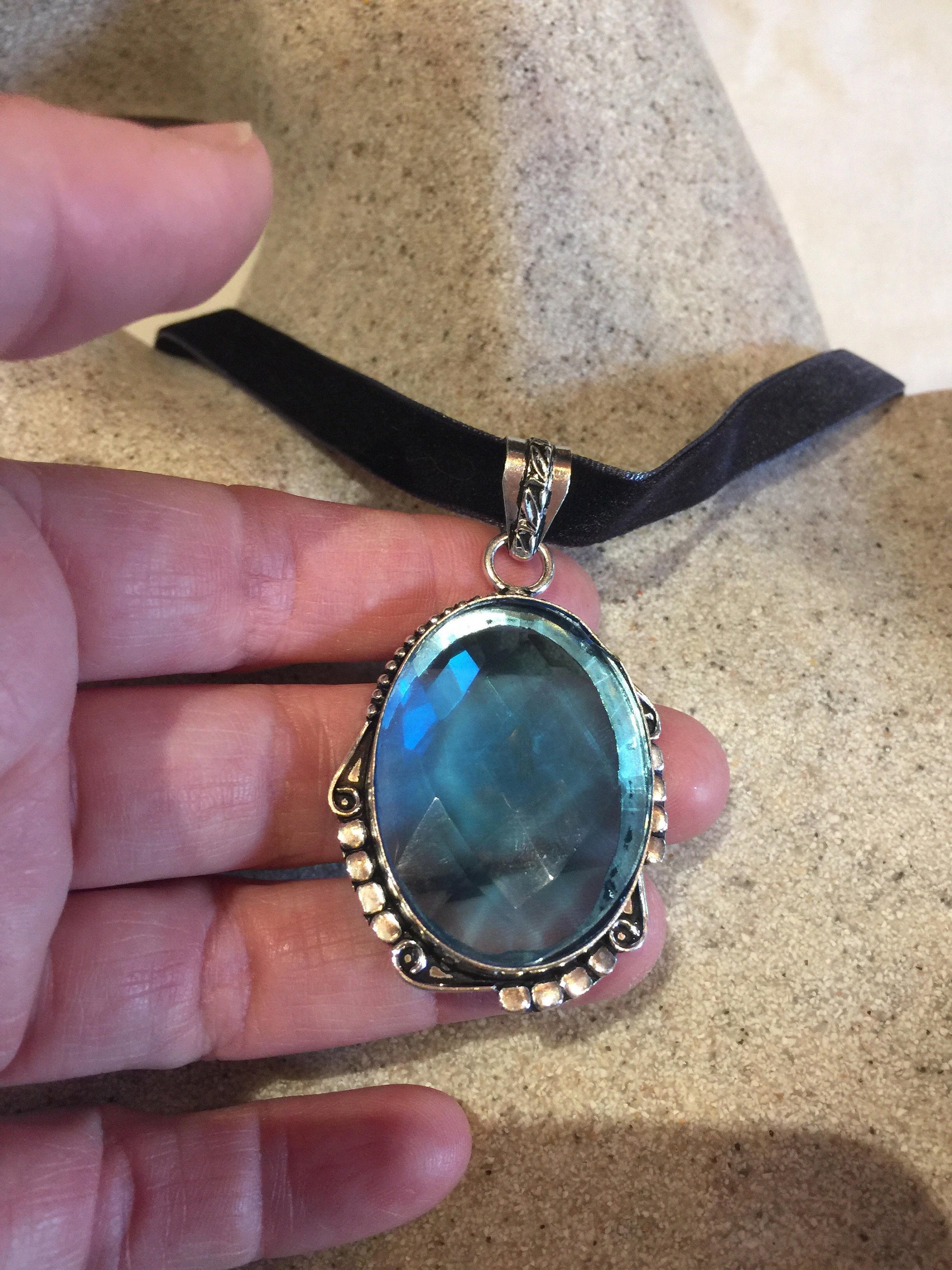 Boho Aqua Blue Silver Antique Volcanic Glass Choker Necklace