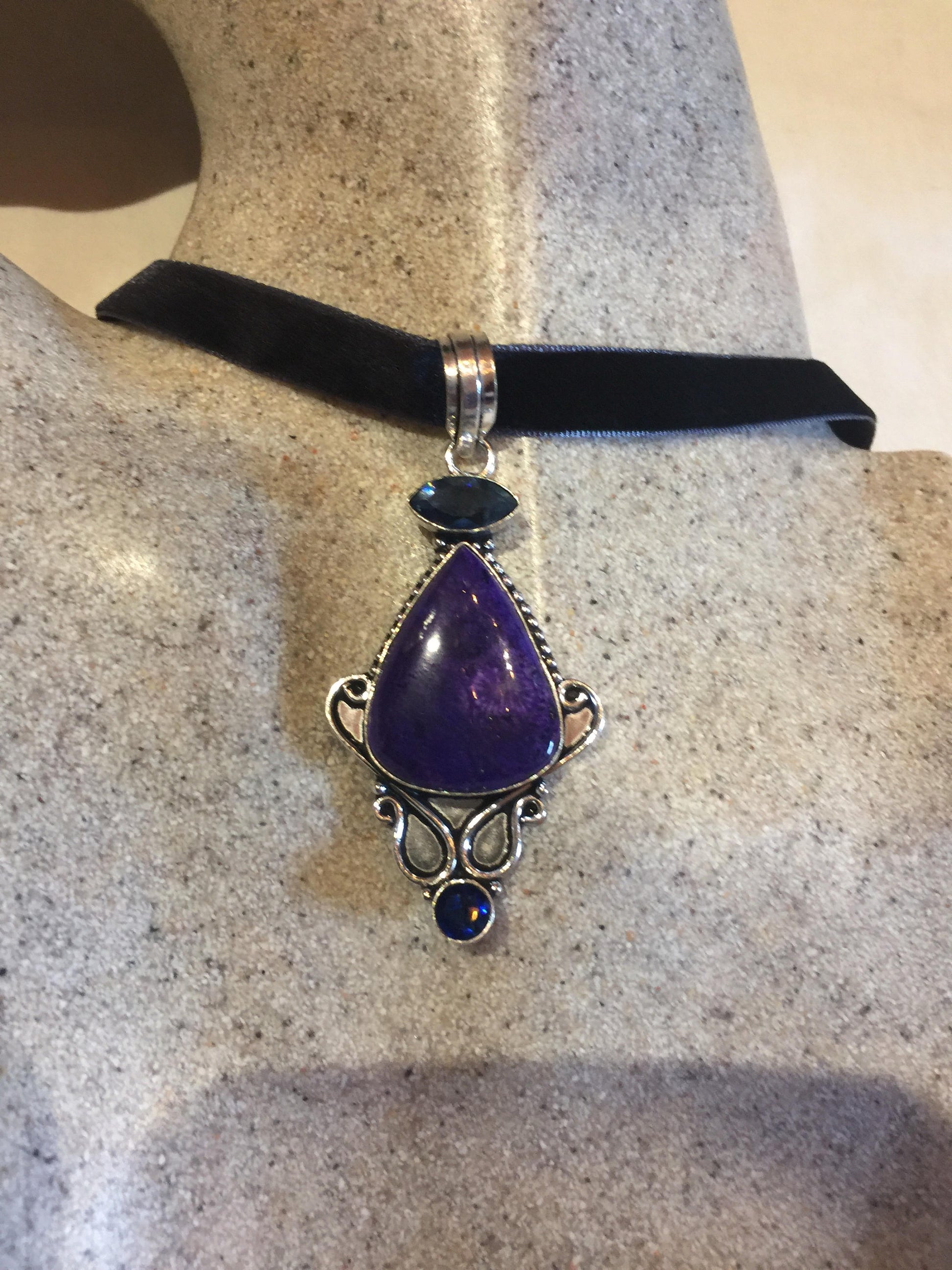 Blue Handmade Gothic Styled Silver Finished Genuine Iolite and Sujalite Choker Necklace