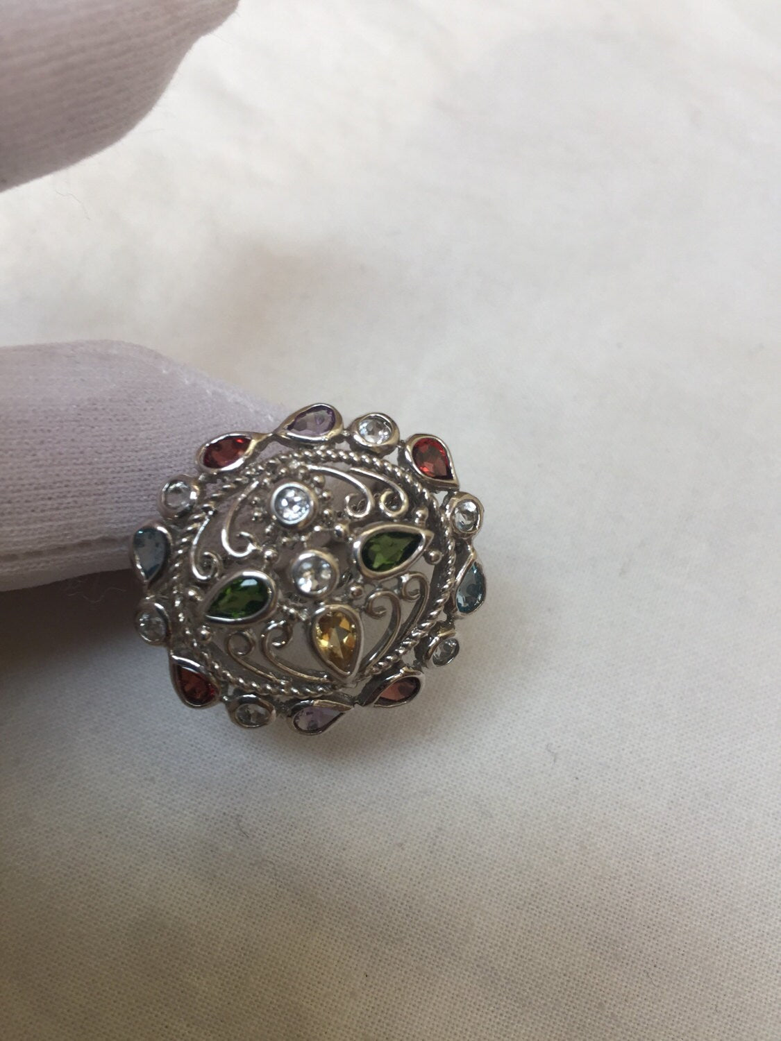 Vintage Handmade Genuine Tourmaline and White Sapphire 925 Sterling Silver Gothic Flower Ring