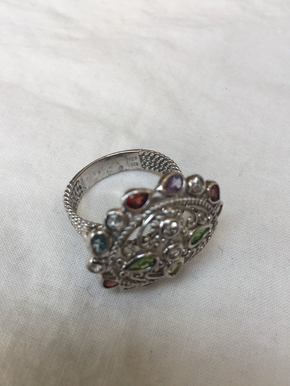 Vintage Handmade Genuine Tourmaline and White Sapphire 925 Sterling Silver Gothic Flower Ring