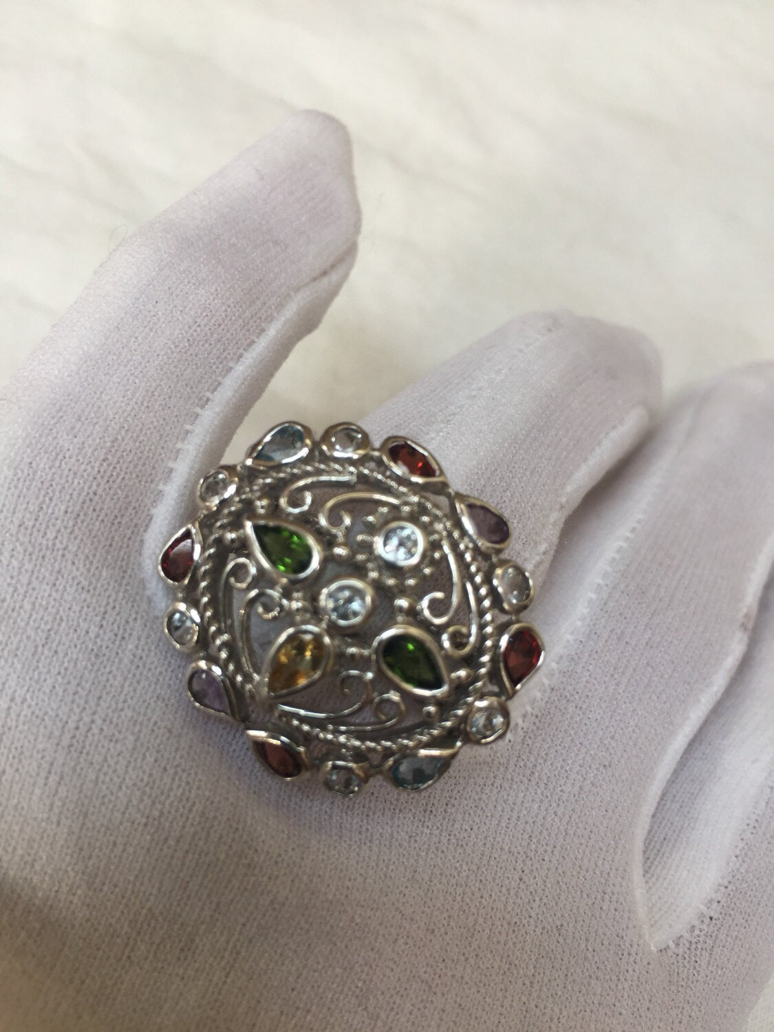 Vintage Handmade Genuine Tourmaline and White Sapphire 925 Sterling Silver Gothic Flower Ring