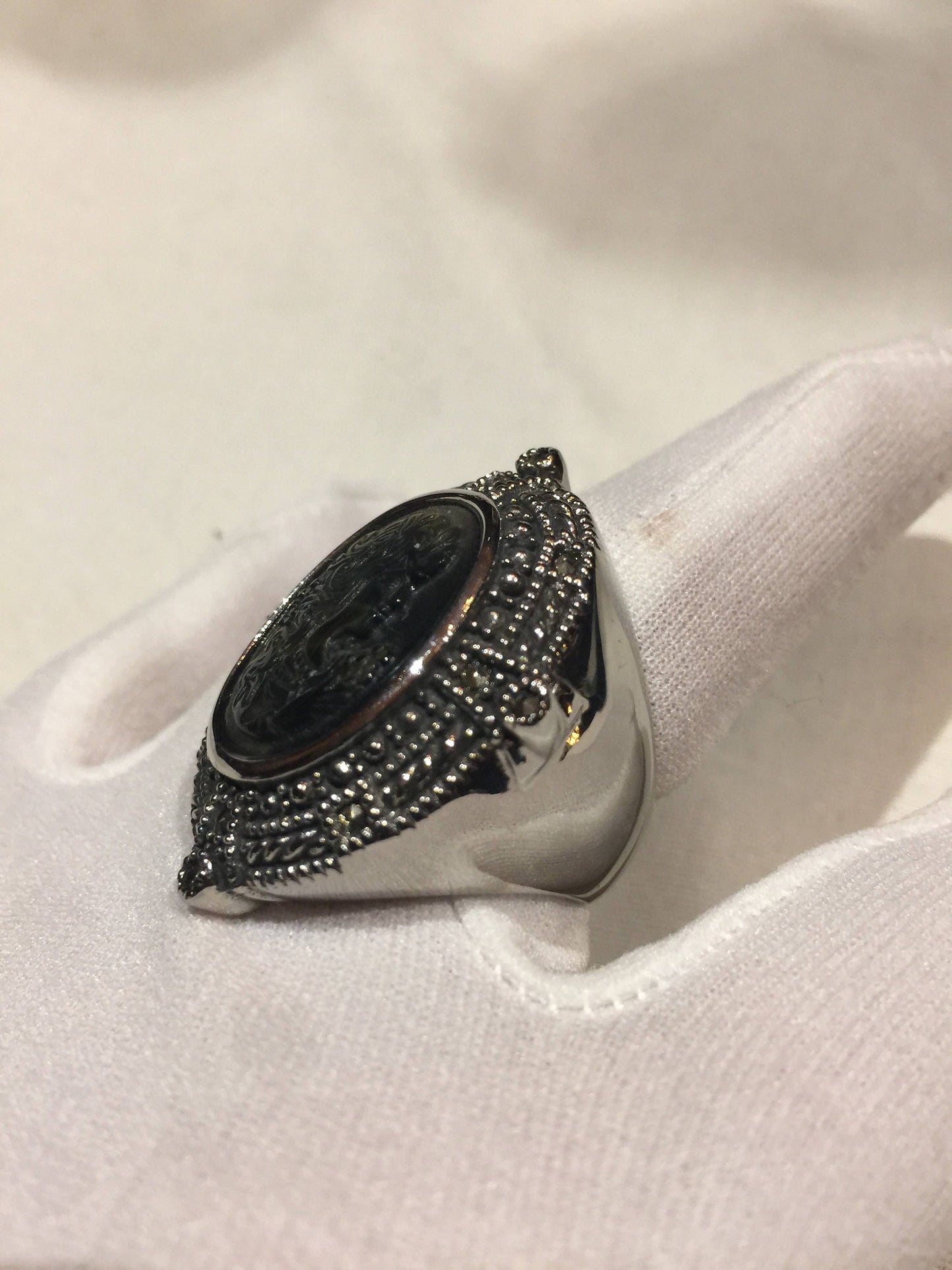 Antique White Mother of Pearl cameo Marcasite Filigree Ring