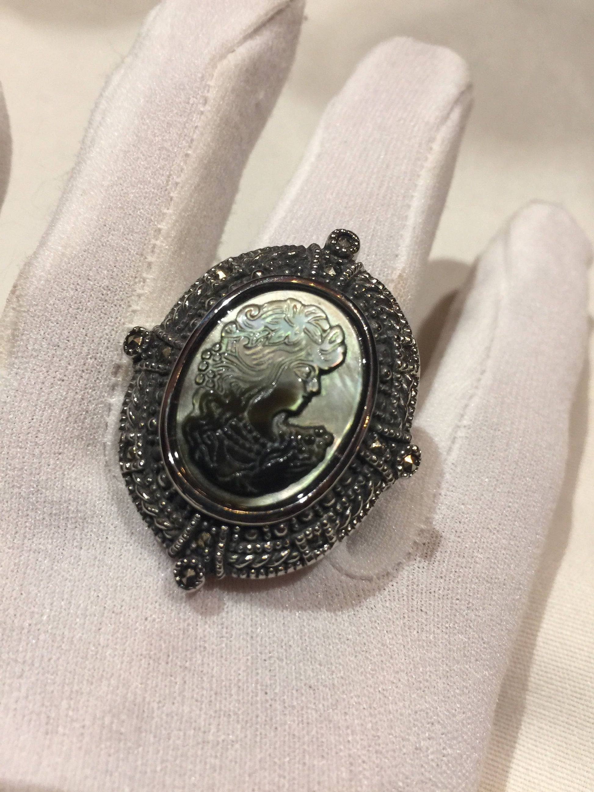 Antique White Mother of Pearl cameo Marcasite Filigree Ring