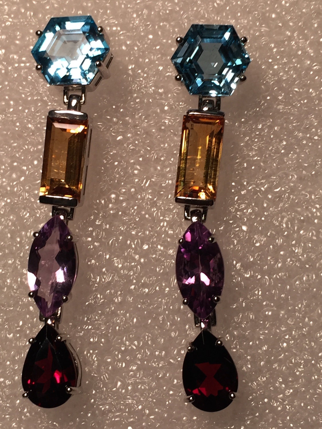 Vintage Citrine, Topaz, Garnet & Amethyst 925 Sterling Silver Earrings