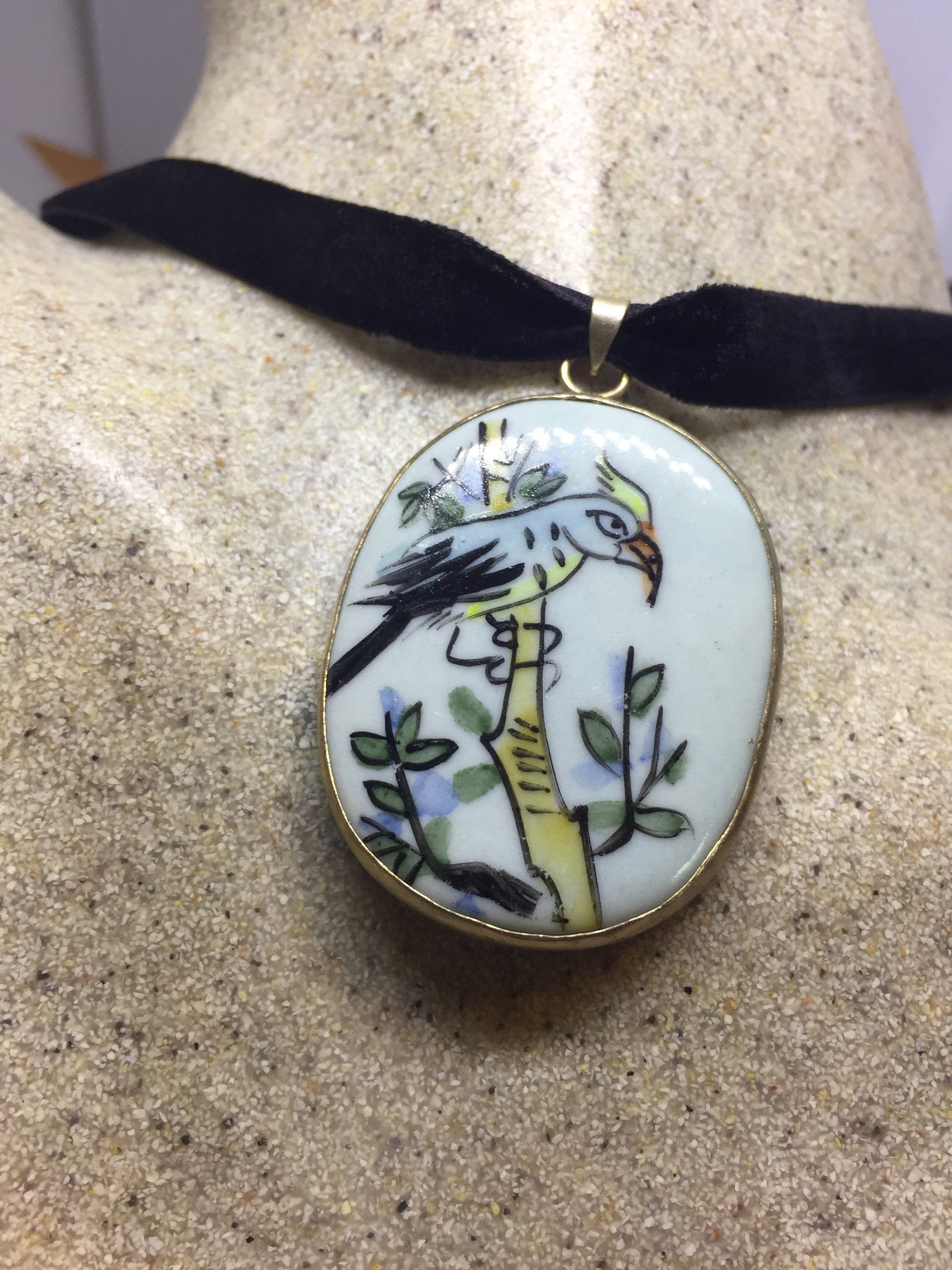 Vintage Handmade painted porcelain Silver Pendant