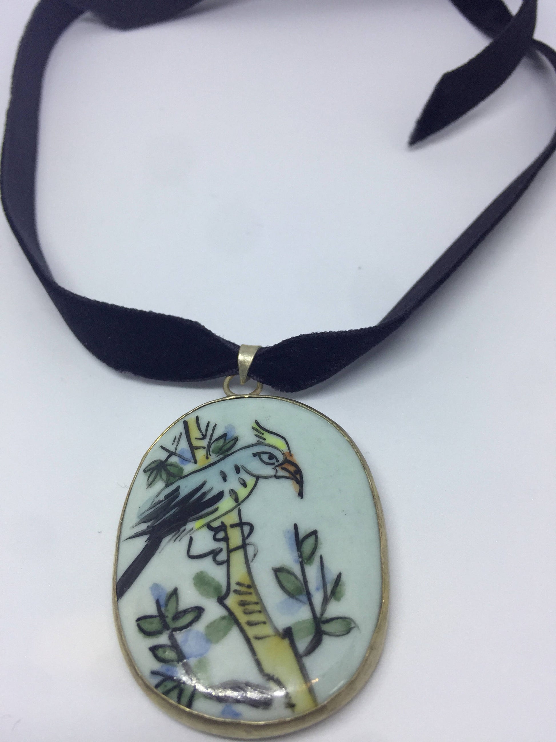 Vintage Handmade painted porcelain Silver Pendant