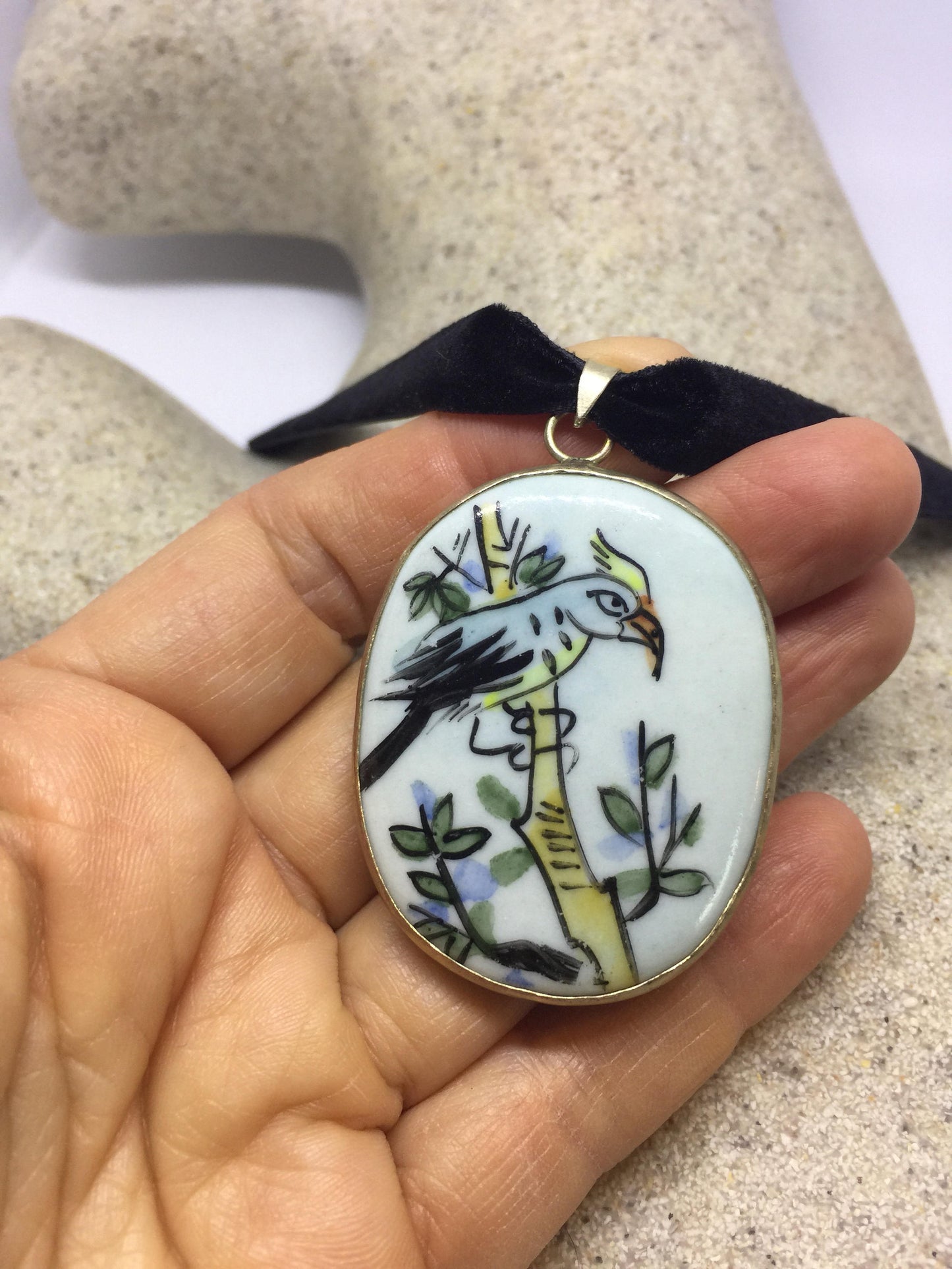 Vintage Handmade painted porcelain Silver Pendant