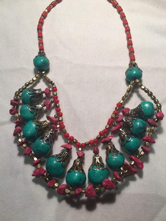 Vintage Hand Wrapped Red color enhanced Tibetan Necklace.