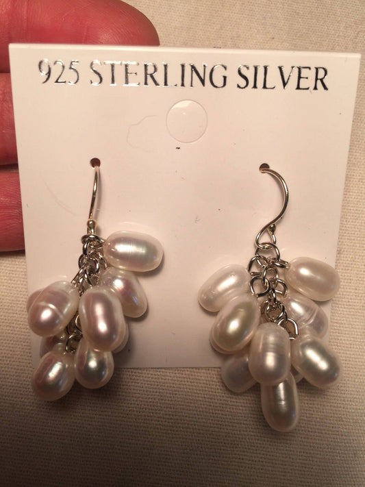 Vintage Genuine Pearl Sterling Silver Flower Dangle Earrings