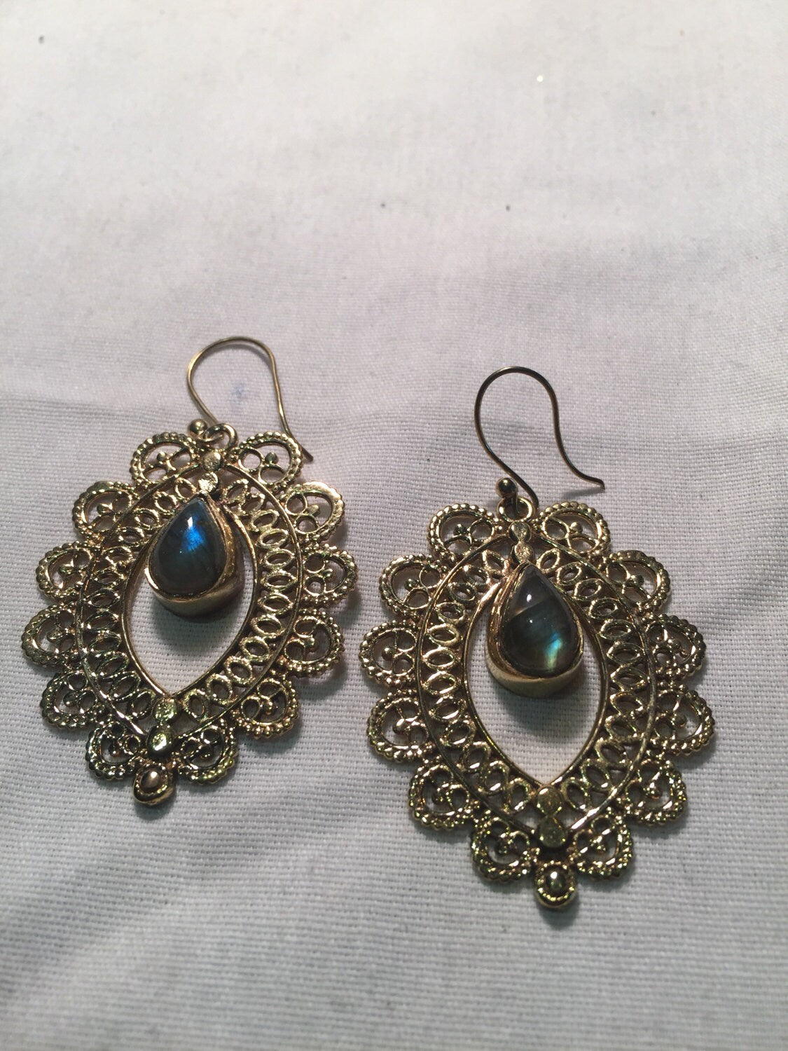 Vintage Labradorite Golden Bronze Lace Dangle Earrings