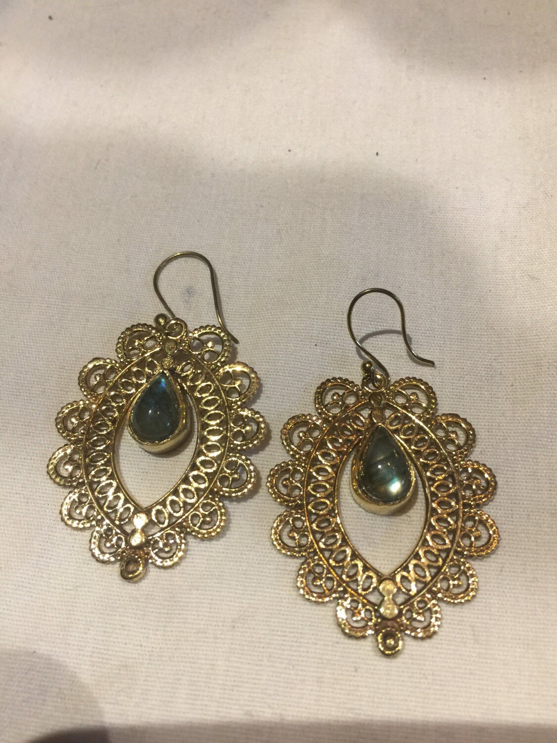 Vintage Labradorite Golden Bronze Lace Dangle Earrings