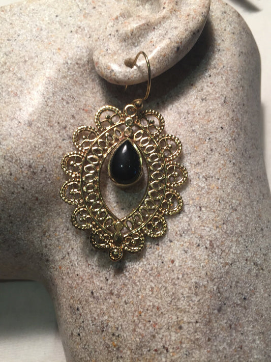 Vintage Onyx Golden Bronze Lace Dangle Earrings