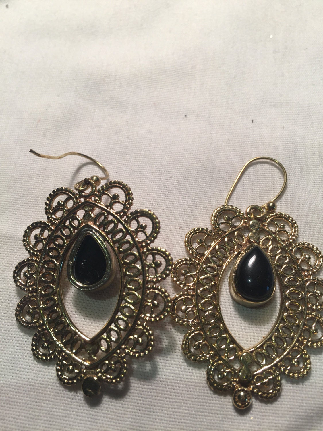 Vintage Onyx Golden Bronze Lace Dangle Earrings