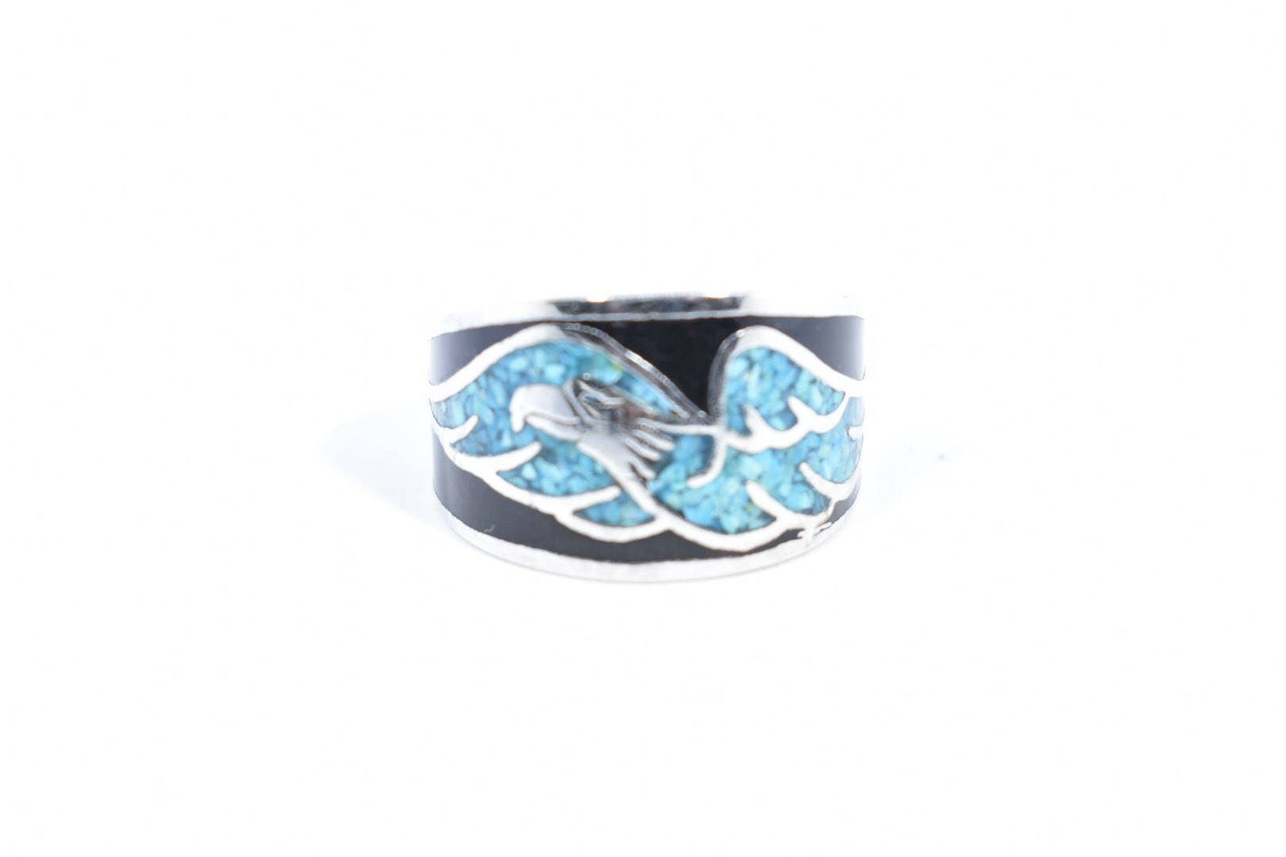 Vintage Native American Style Southwestern Turquoise Stone Inlay Mens Hawk Ring