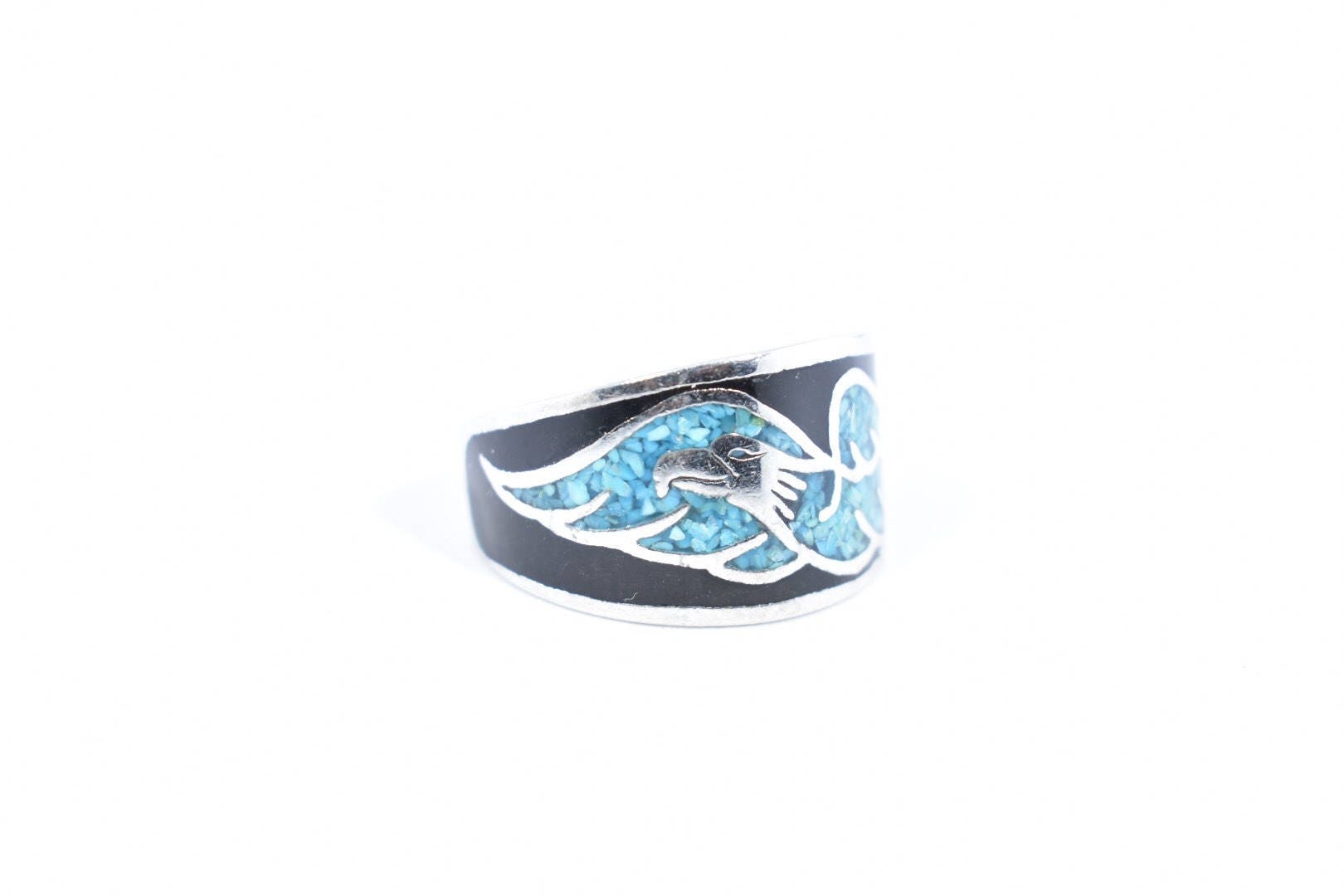Vintage Native American Style Southwestern Turquoise Stone Inlay Mens Hawk Ring