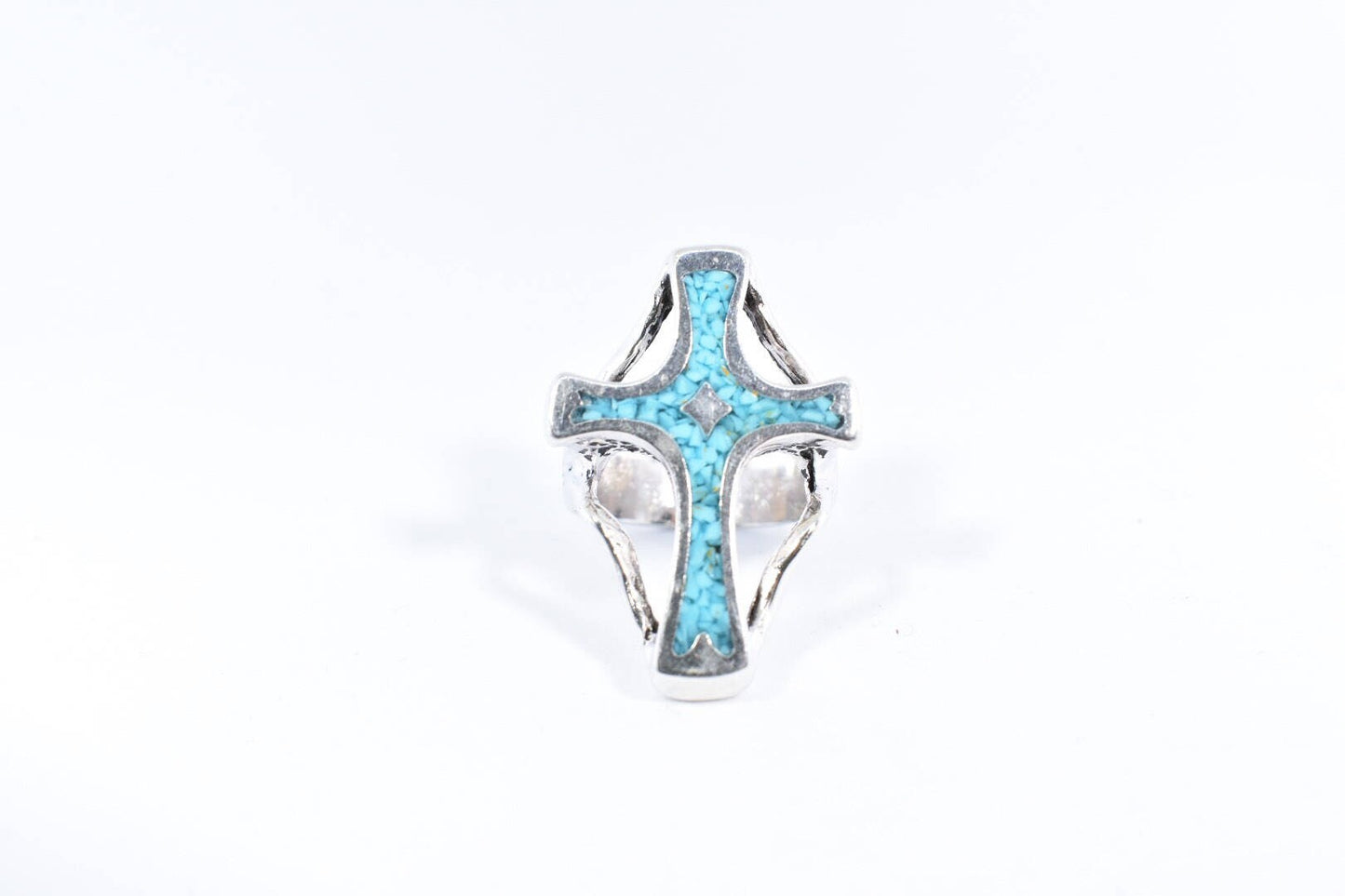Vintage Native American Style Turquoise Stone Inlay Mens Cross Ring