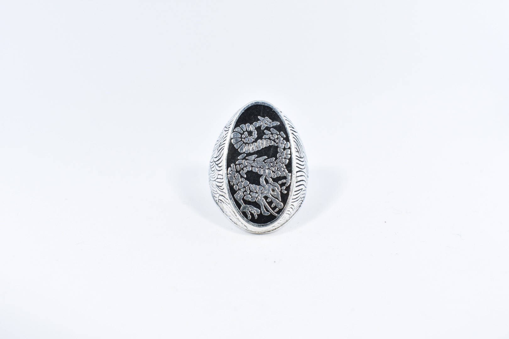 Vintage Dragon Silver and Black Inlay Mens Ring