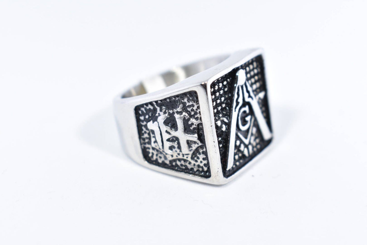 Vintage Gothic Silver Stainless Steel Free Mason G Mens Ring