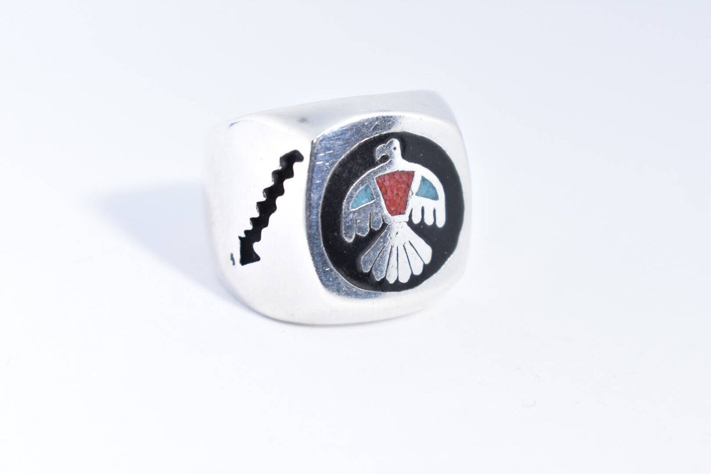 Vintage Thunderbird Ring Native American Style Southwestern Turquoise Stone Inlay Mens