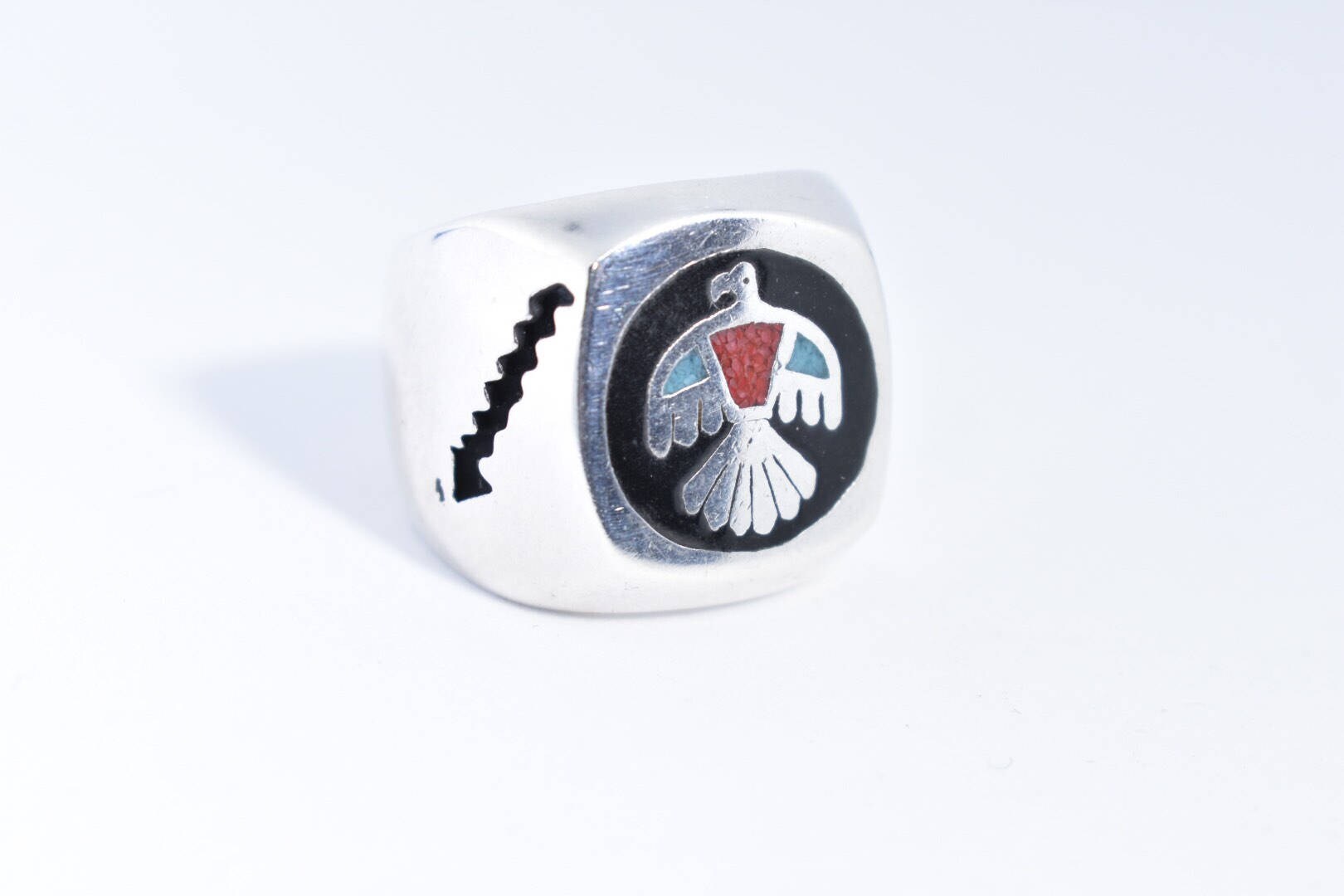 Vintage Thunderbird Ring Native American Style Southwestern Turquoise Stone Inlay Mens