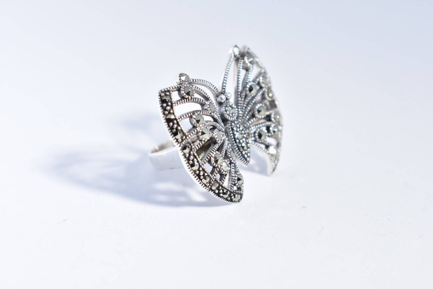 Vintage Marcasite Butterfly 925 Sterling Silver Ring