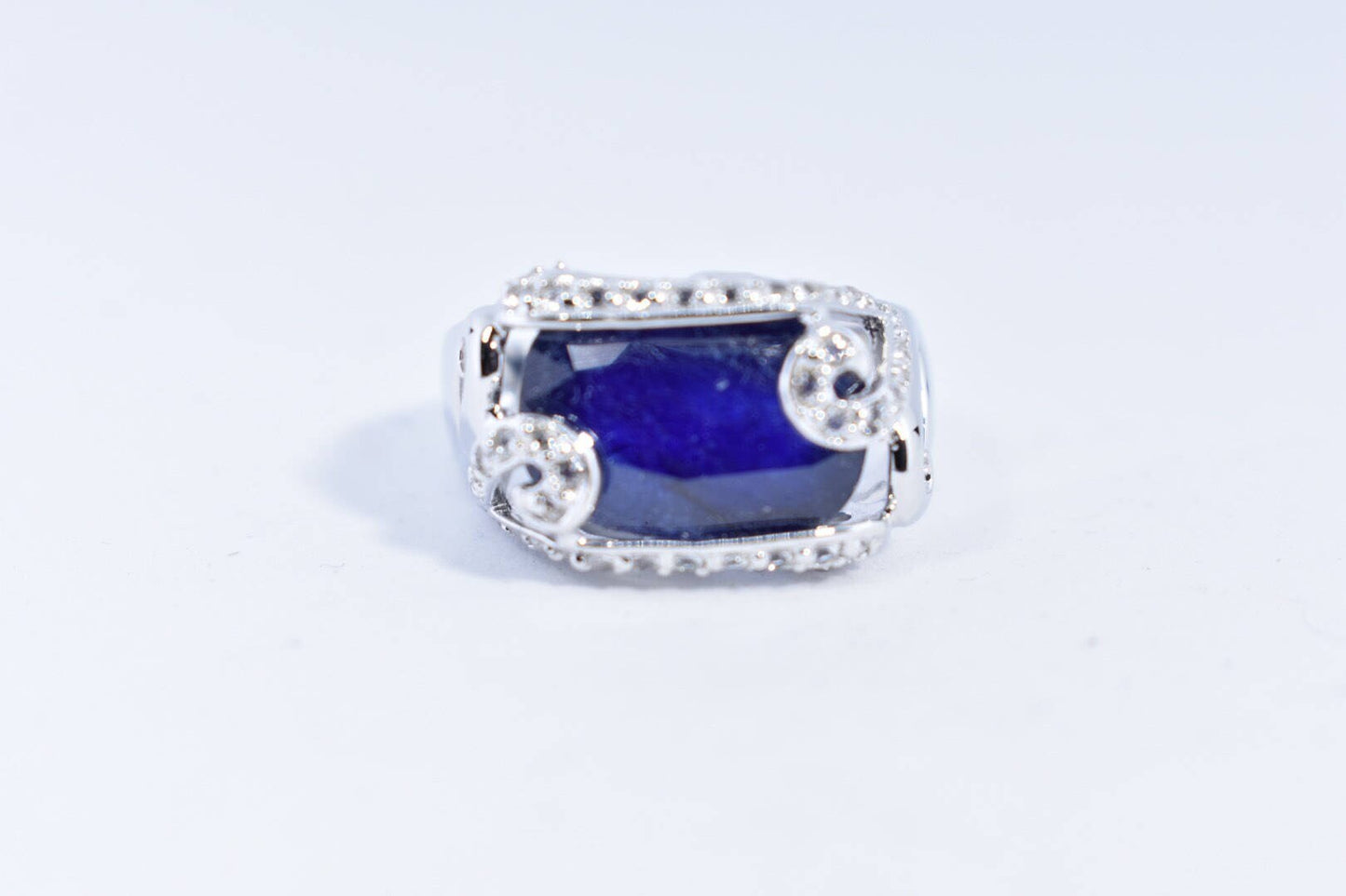 Vintage Handmade Deep Blue Sapphire and White 925 Sterling Silver Gothic Ring