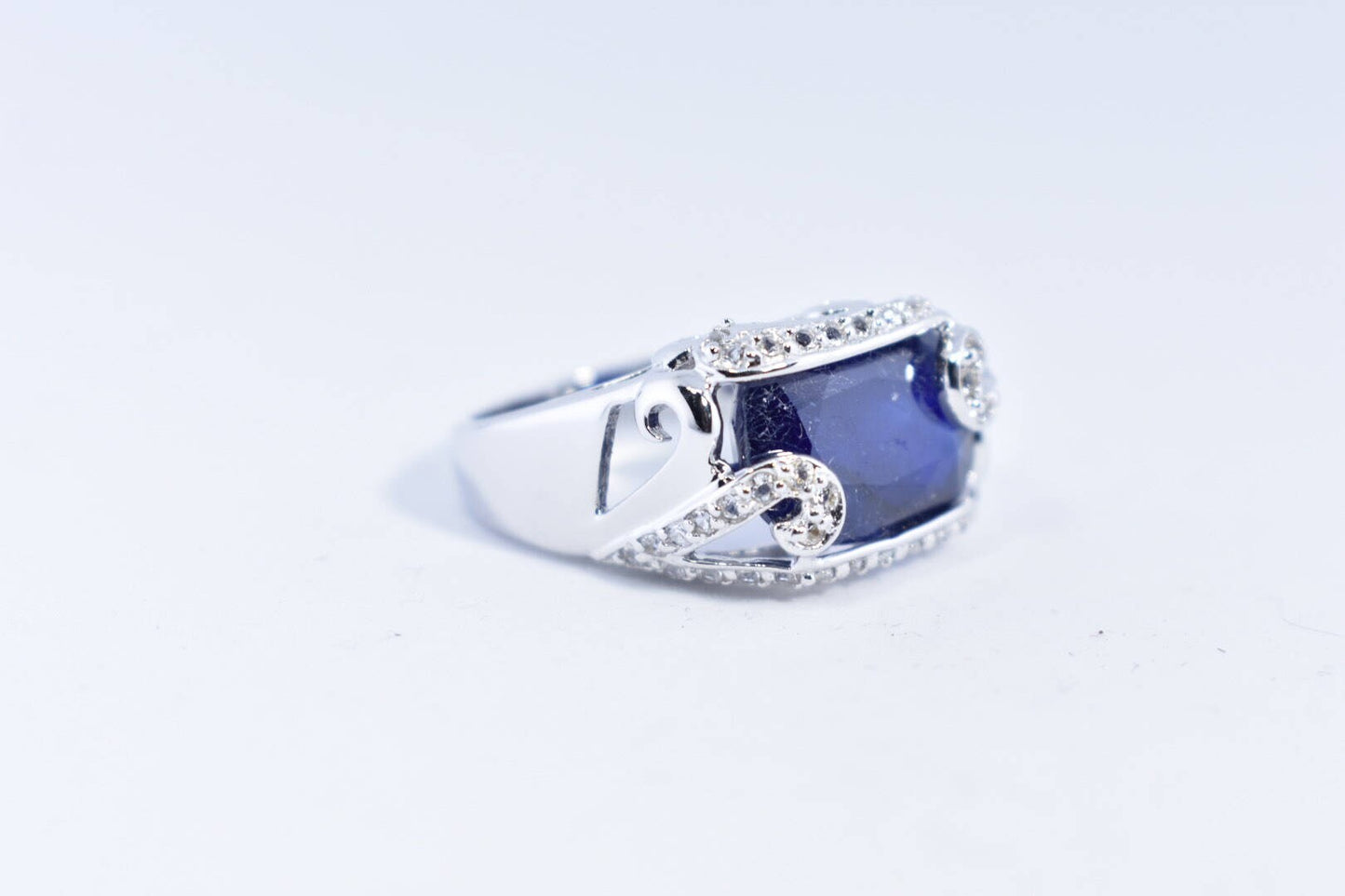 Vintage Handmade Deep Blue Sapphire and White 925 Sterling Silver Gothic Ring