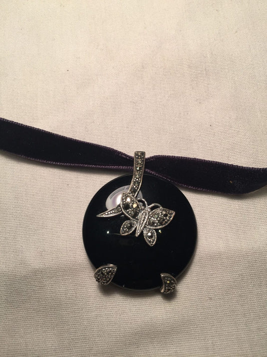 Vintage Marcasite 925 Sterling Silver Genuine Black Onyx Choker Pendant Necklace