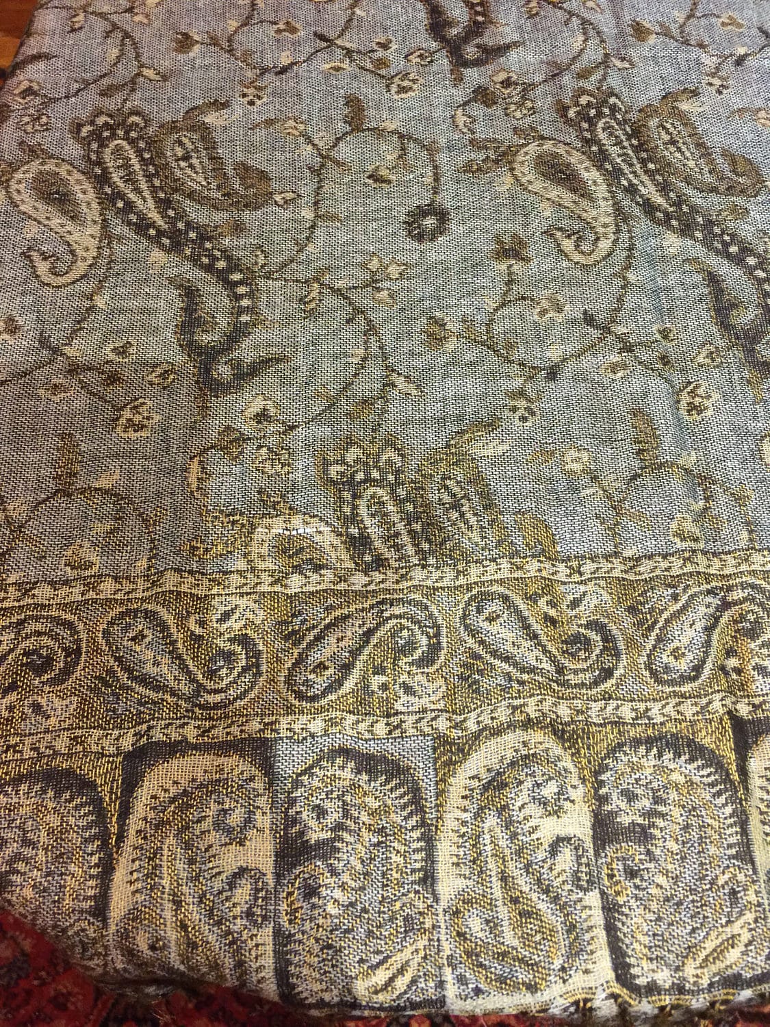 Vintage Gray Beige Paisley Brocade Pashmina Scarf Wrap