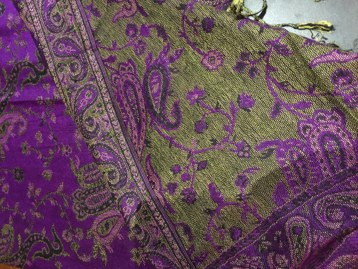 Vintage Purple Beige Paisley Brocade Pashmina Scarf Wrap