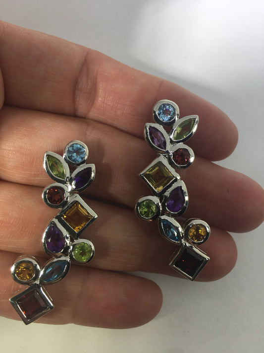 Vintage Genuine Citrine Blue Topaz Garnet and Amethyst Gemstone 925 Sterling Silver Deco Dangle Earrings