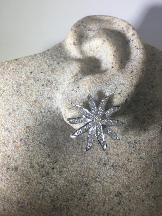Vintage Handmade Sterling Silver White Sapphire dramatic sun star Stud Earrings