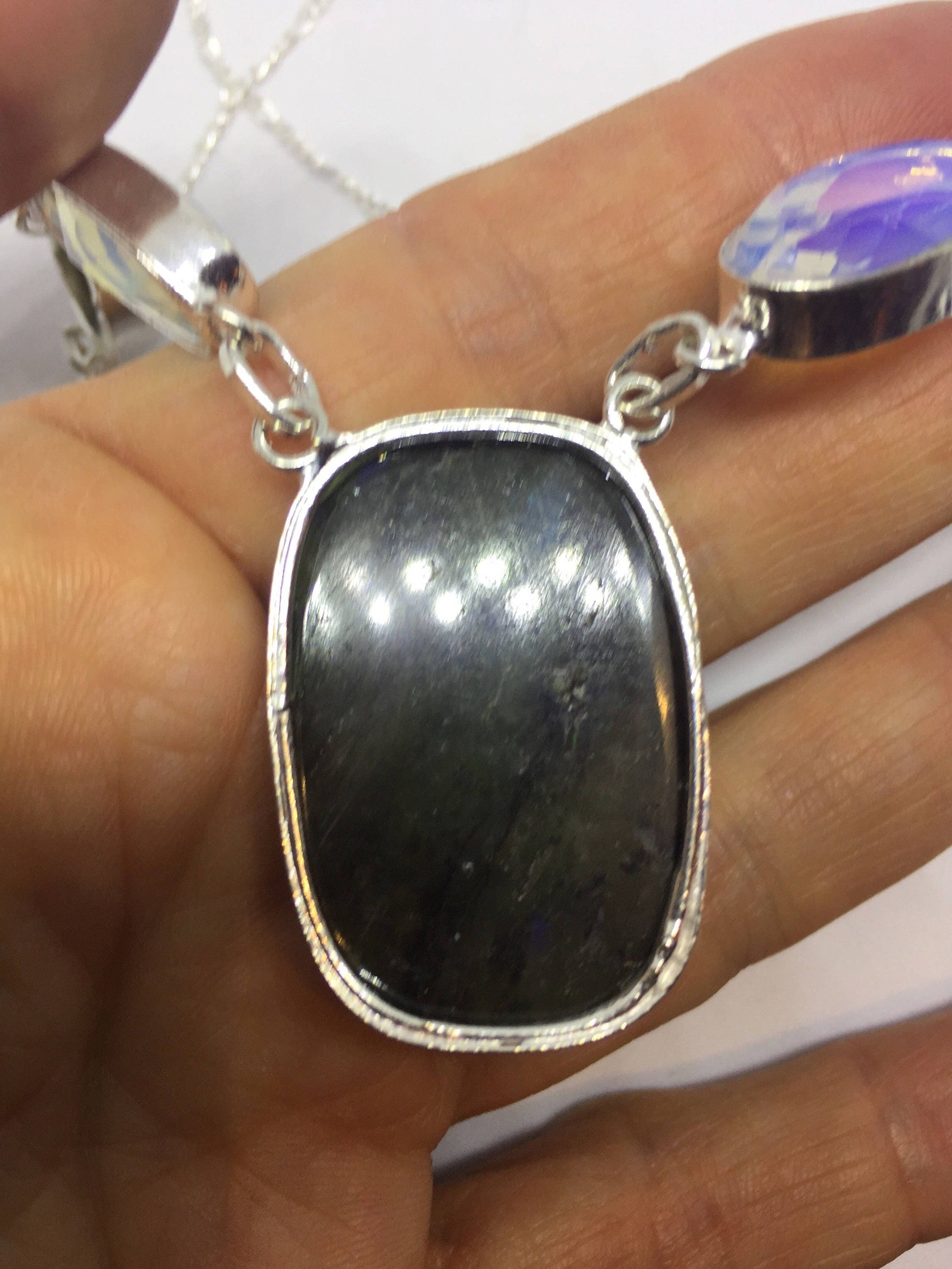 Vintage Green Labradorite 925 Sterling Silver Necklace Choker