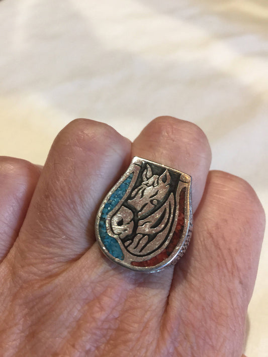 Vintage Native American Style Southwestern Turquoise Stone Inlay Horse Shoe Mens Ring