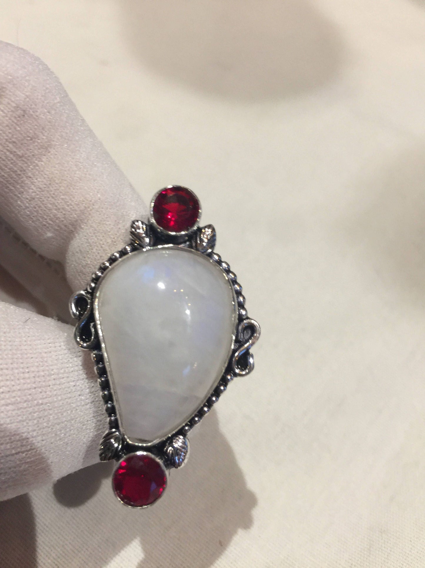 Vintage Genuine Rainbow Moonstone Red Volcanic Art Glass Ring