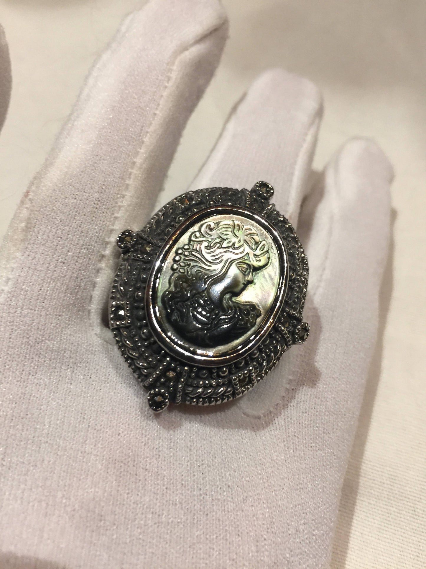 Antique White Mother of Pearl cameo Marcasite Filigree Ring