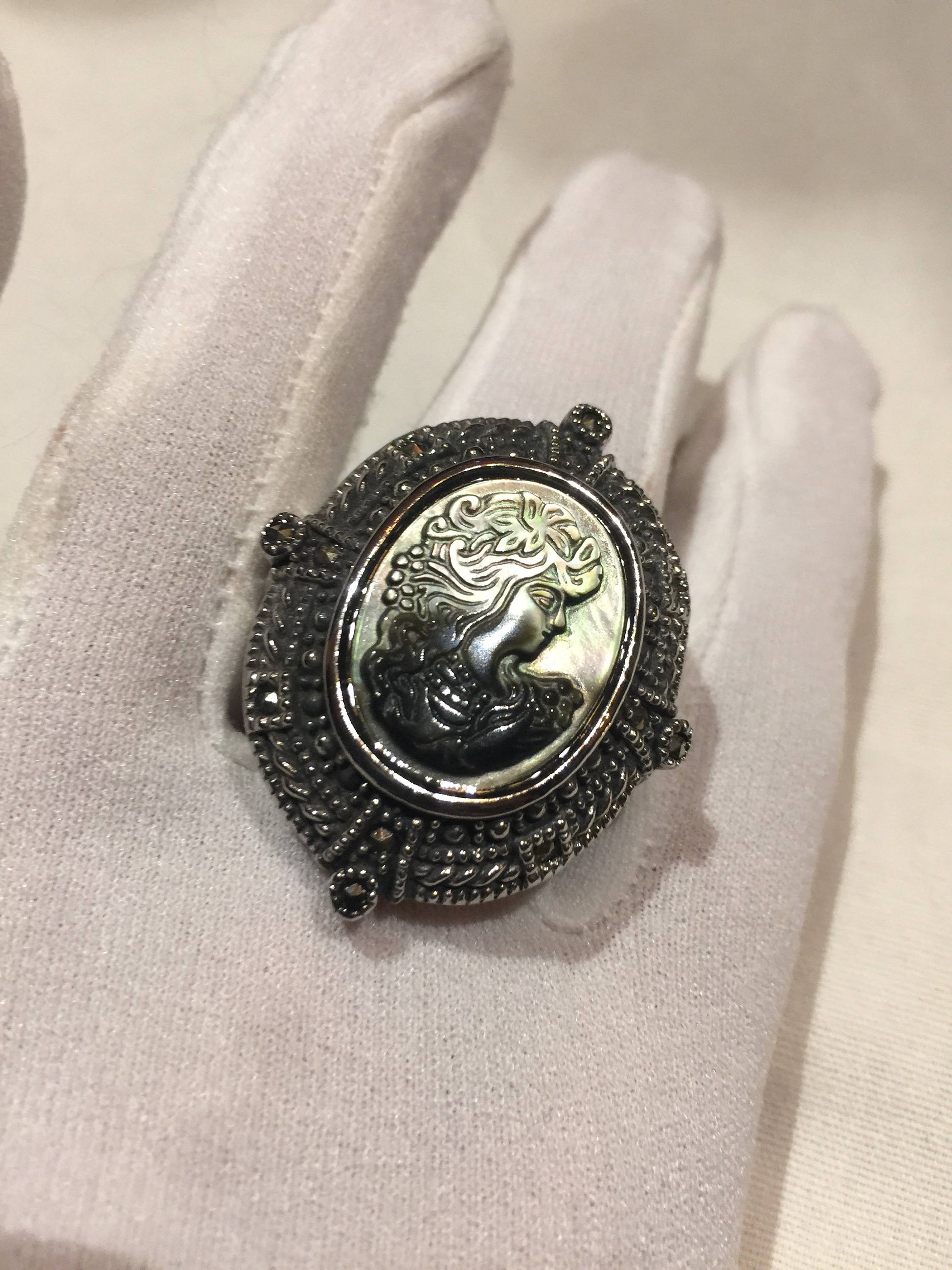 Antique White Mother of Pearl cameo Marcasite Filigree Ring