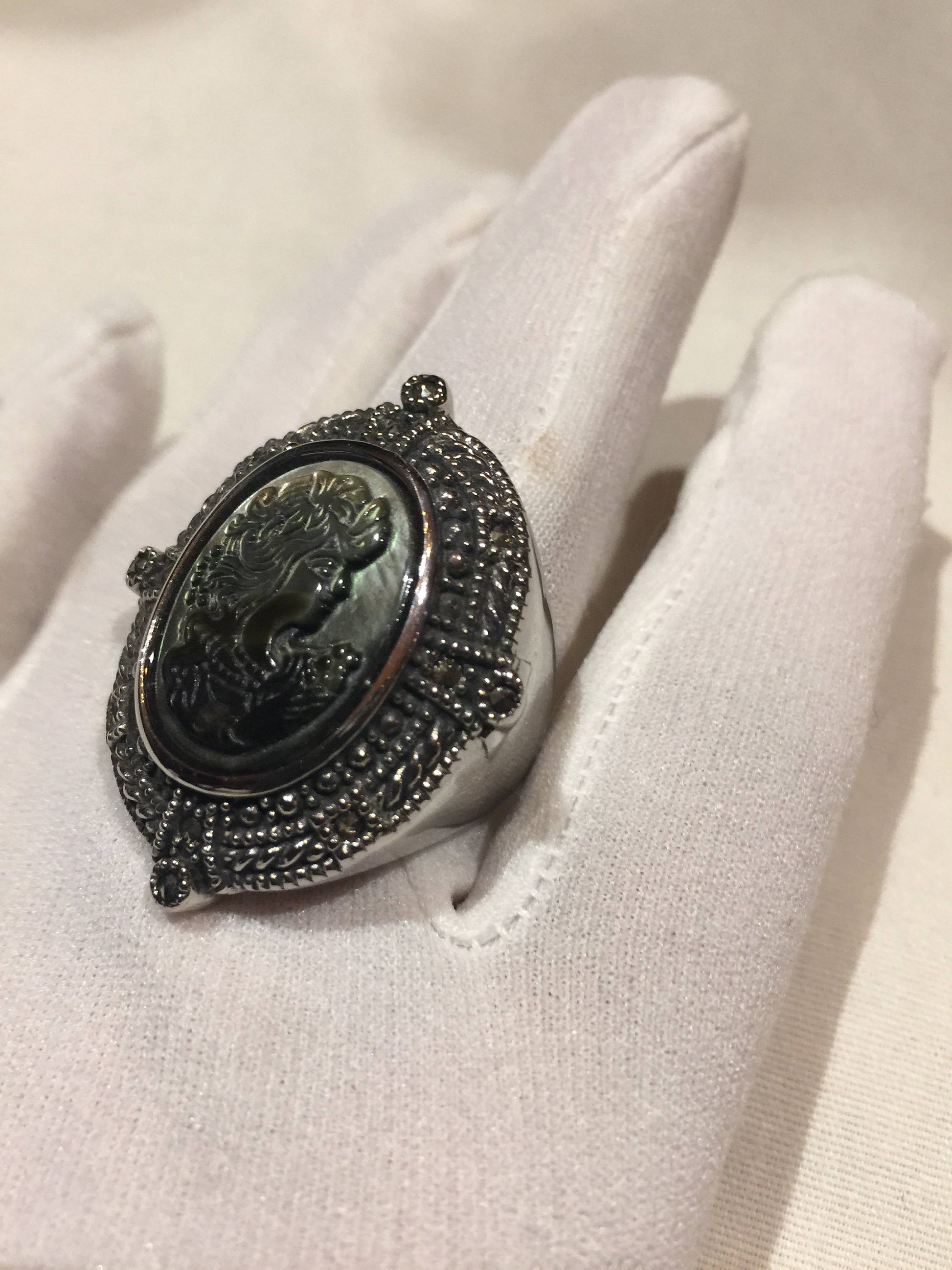 Antique White Mother of Pearl cameo Marcasite Filigree Ring