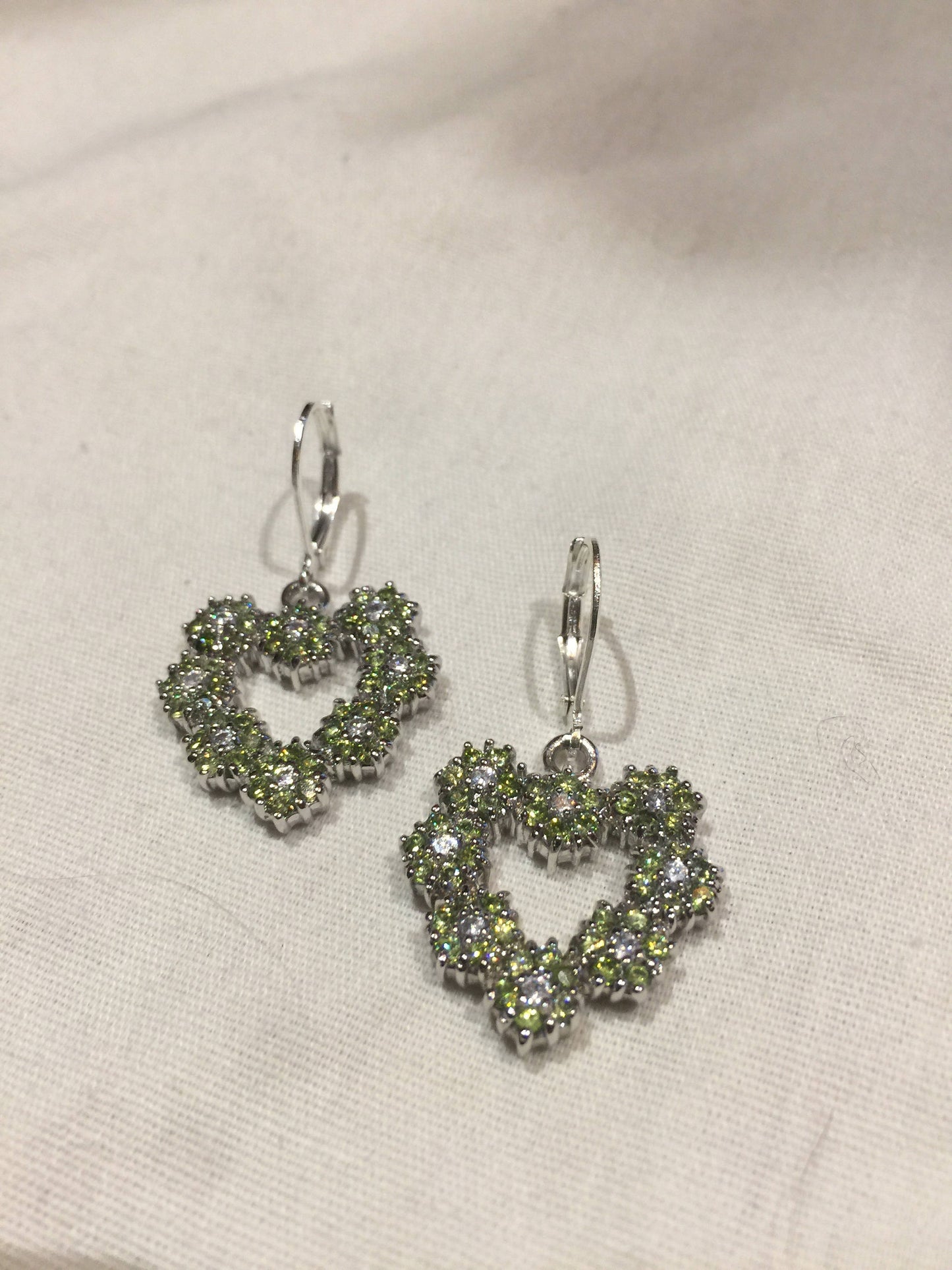 Vintage Handmade Sterling Silver Genuine Green Peridot HEart Earrings